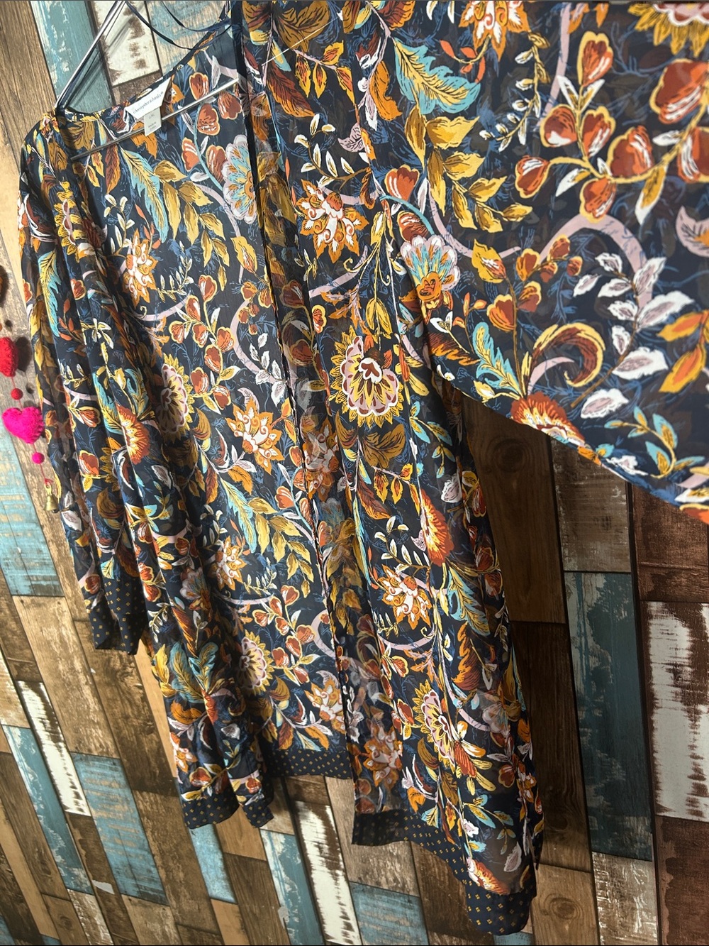 Christopher & Banks Navy Floral Open-Front Kimono with Mustard & Rust Accents - Picture 4 of 14